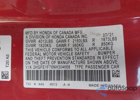 2022 Honda Civic Ex from USA, damaged, VIN 2HGFE1F76NH304668